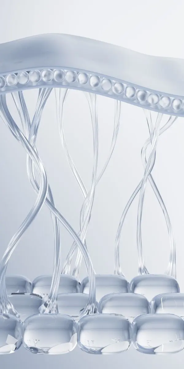 Abstract three-dimensional strands and droplets representing peptides within a connective skin matrix