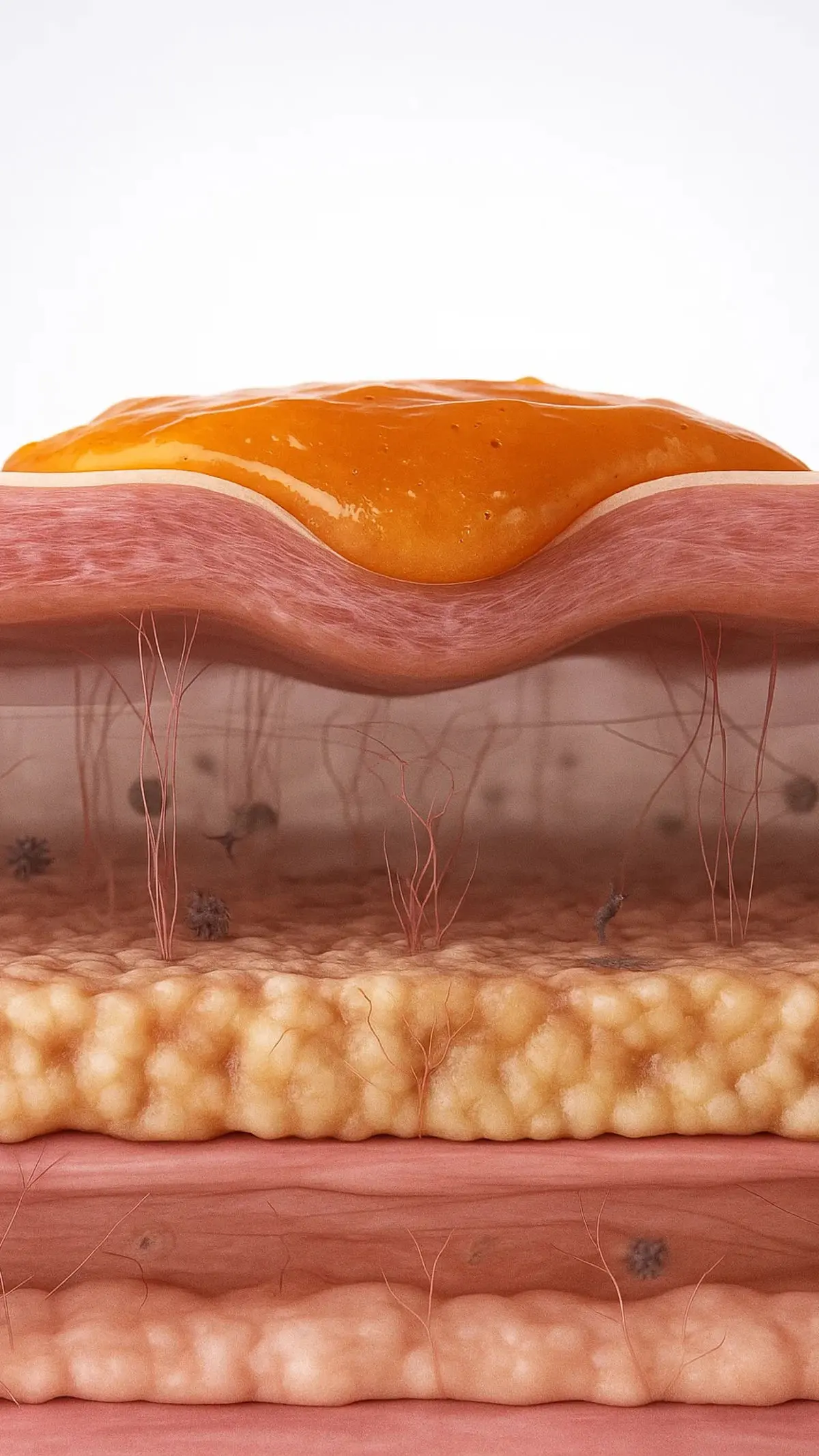 Three-dimensional illustration of skin layers with amber serum resting on the surface